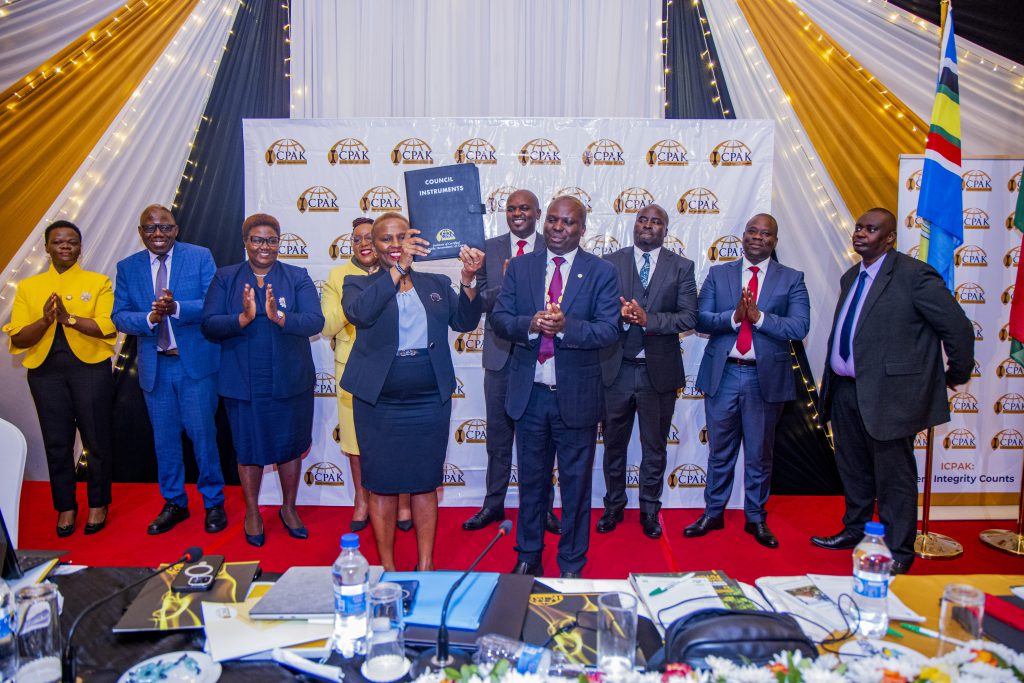 26th ICPAK chairman CPA Prof. Elizabeth Kalunda displays the council instruments during the 47th AGM  2025