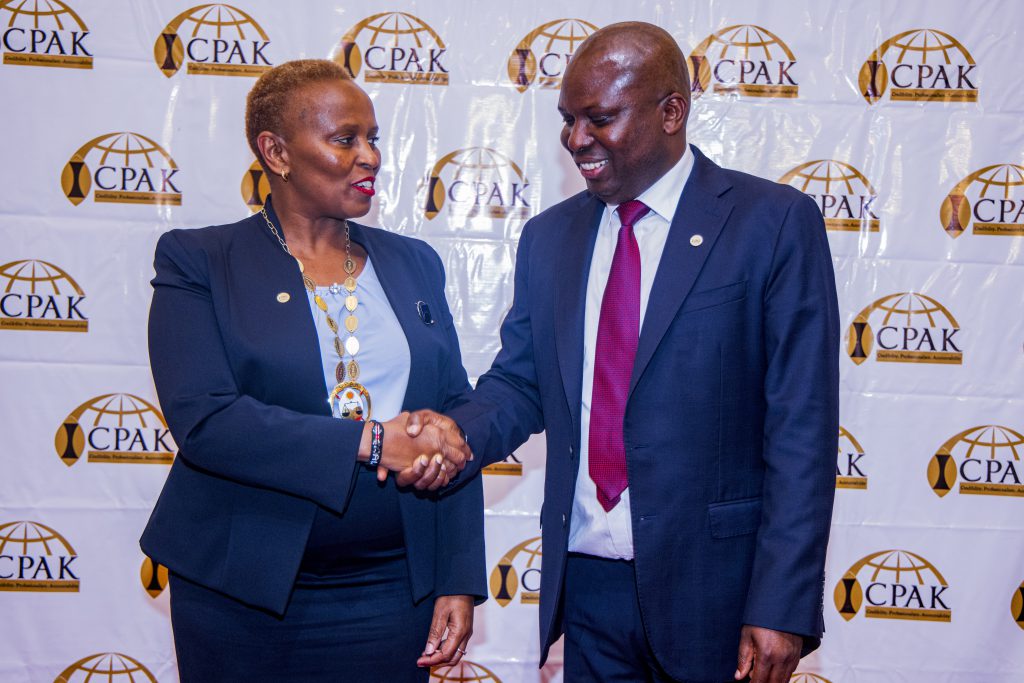 From Left: 26th Chairman CPA Prof. Elizabeth Kalunda and the outgoing ICPAK chairman CPA Philip Kakai exchanging pleasantries.